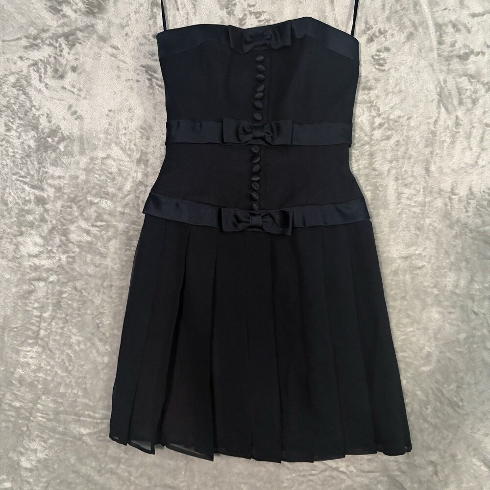 Y2k Silk Dress Navy Pleated Button & Bow 4 Kathryn Conover Chiffon Cocktail Mini